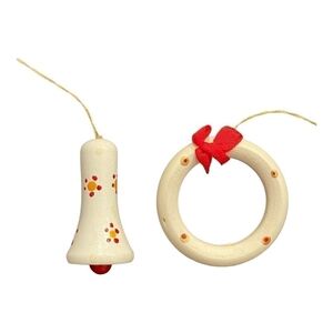 Vintage Christmas Ornament Set of 2 White Red Wreath & Bell Wood Xmas Ornaments